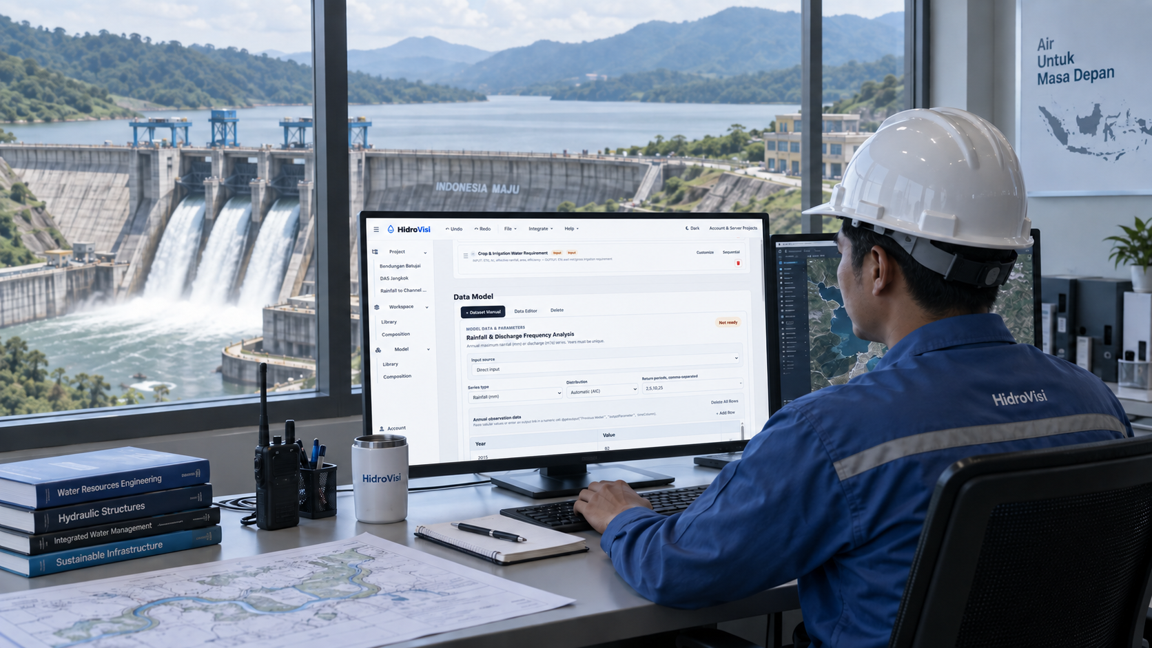 An engineer works on HidroVisi at a computer overlooking a dam and reservoir.